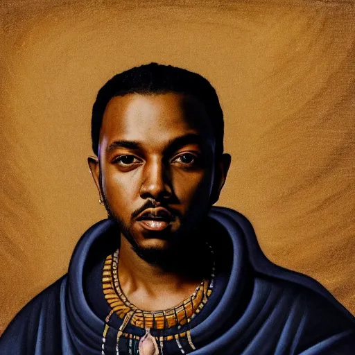 Image similar to a renaissance style portrait painting of kendrick lamar