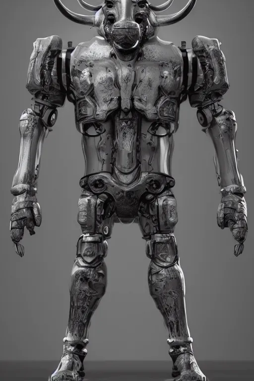 Image similar to a tall bull android with hard rubber coating standing, half body, intricate, 3 d, fantasy, depth of field, octane render, symmetrical, hyper realism, highly detailed, digital art, artstation, concept art, cinematic lighting, trending