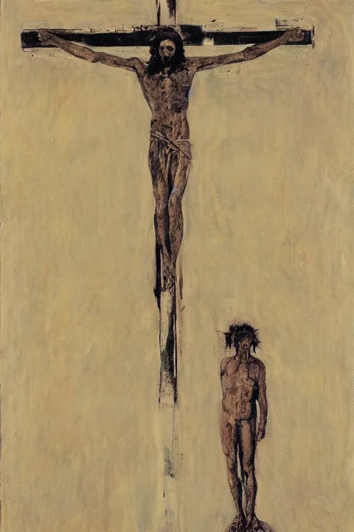 Image similar to a huge light beam illuminating jesus christ crucified painted by cy twombly and andy warhol