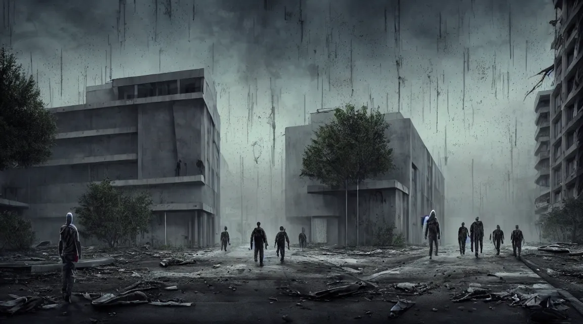 Prompt: big grey aliens walking outsife a post apocalyptic hospital building, morning, building, avenue, modern contemporary urban americana concrete architecture, by pascal blanche, neil blevins, apocalyptic color palette, trending on artstation, photorealistic, vivid wilderness ambiance, ultra detailed, high definition, depth of field, bokeh, rubble, wild vegetation, blood stains, building crumbling