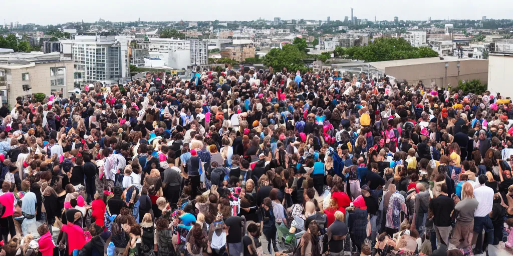 Prompt: there were many people standing on the roof