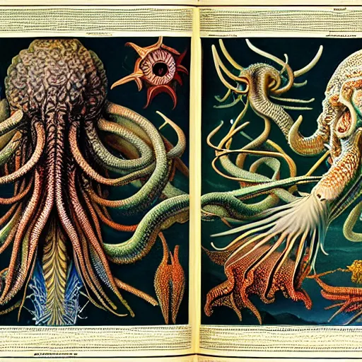 Prompt: hyperrealistic detail atlas of cthulhu creatrues by james audubon ernst haeckel