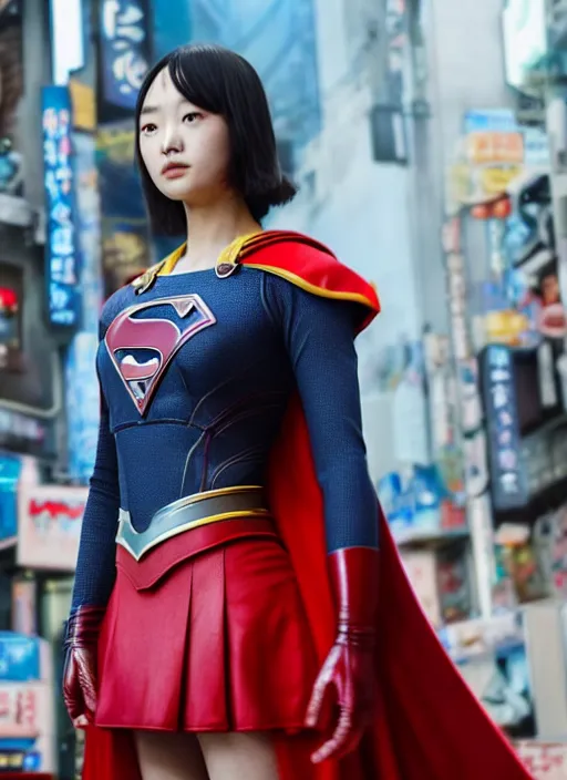 Image similar to a still of Japanese actress Nana Komatsu as Supergirl in Avengers Endgame, rule of thirds, fair complexion, unreal engine, studio lighting, set in Dotonbori Osaka, by ryan meinerding
