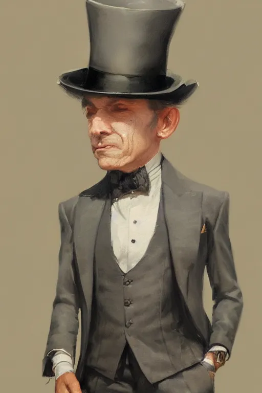 Image similar to a grey hair halfling stubble top hat and suit by Greg Rutkowski, painting, portrait, HD, high details, trending on artstation
