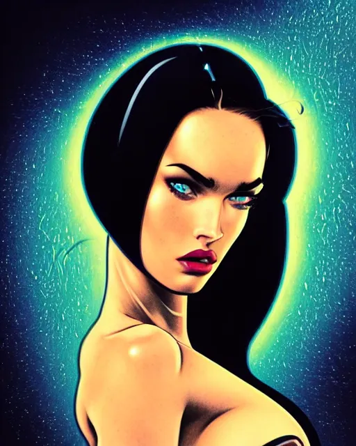 Image similar to low angle closeup very seductive megan fox retro scifi goddess pinup, vr goggles, action glamour pose, windblown dark hair, hyper detailed, digital art, studio lighting, smooth, ambient lighting, sharp focus, frank miller, wlop, anna dittmann, moebius!, alphonse mucha, patrick nagle!!!, rim lighting, synthwave