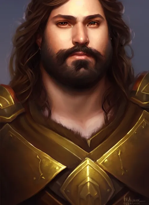 Image similar to a _ fantasy _ style _ portrait _ painting _ of light brown male paladin with long wavy brown hair chubby and beard, rpg dnd oil _ painting _ unreal _ 5 _ daz. _ rpg _ portrait _ extremely _ detailed _ artgerm _ greg _ rutkowski _ greg