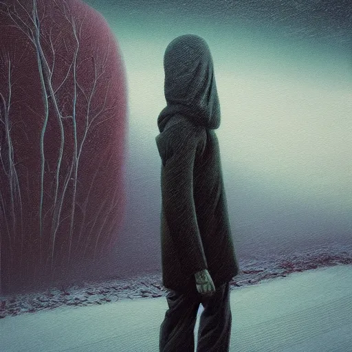 Image similar to a painting of a person standing in the snow, a surrealist painting by zdzisław beksinski and by alena aenami, deviantart, nuclear art, dystopian art, apocalypse landscape, surrealist