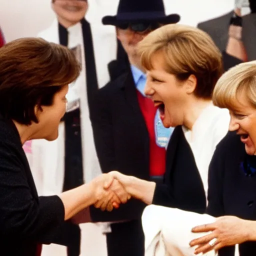 Image similar to angela merkel shaking hands with michael jackson while screaming and shouting