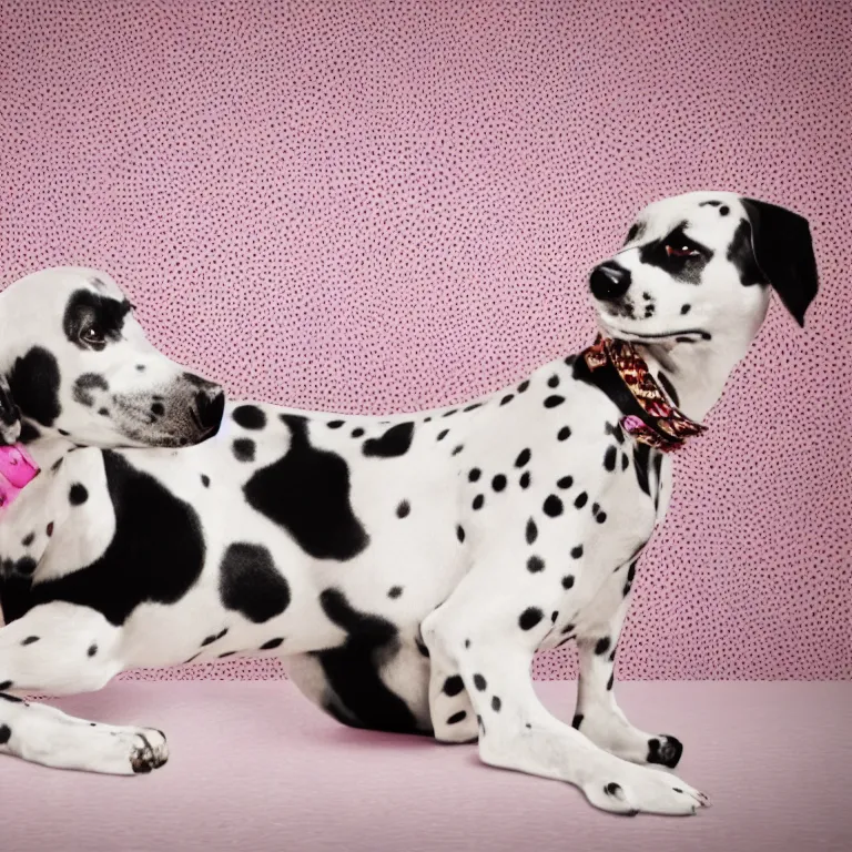 Image similar to vogue photoshoot octane render of 1 0 1 dalmatian with white background, focus bright colorful pastel exotic vintage boutique hotel lounge, very short depth of field, bokeh