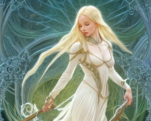 Prompt: white mage with blonde braided hair dove cameron wearing ethereal ivory carved bone armor running, green plants, intricate, elegant, highly detailed, digital painting, artstaion, concept art, smooth, sharp, focus, illustration, art by artgerm and alphonse mucha