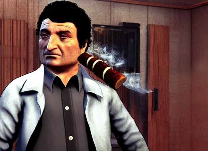 Prompt: video game still of police detective columbo ( played by young peter falk ) in his messy trenchcoat, smoking a cigar while rubbing his head in the video game yakuza zero
