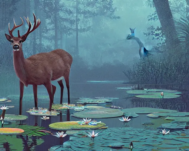 Image similar to a deer spirit walking in shallow water, surrounded by lily pads, digital art, illustrated by james gurney and victo ngai