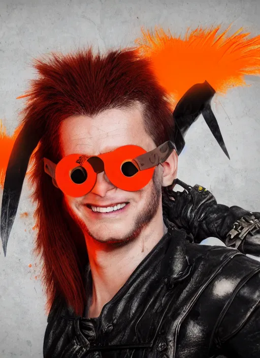 Image similar to An epic fantasy comic book style portrait painting of young man with red spiked long hair, using an orange lens googles. Wearing a black waistcoat, white shirt. He is with a vicious smile in face. Unreal 5, DAZ, hyperrealistic, octane render, cosplay, RPG portrait, dynamic lighting