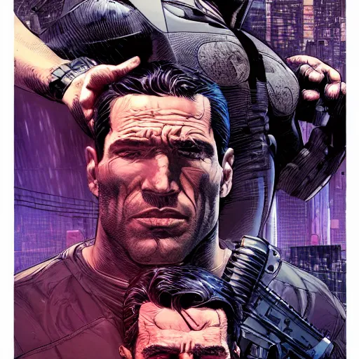 Prompt: the punisher puts bruce wayne in a headlock, centered in the frame, cyberpunk concept art by Jean Giraud and josan gonzales, digital art, highly detailed, intricate, sci-fi, sharp focus, Trending on Artstation HQ, deviantart, 4K UHD image