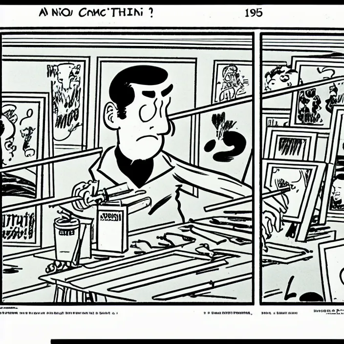 Prompt: a still frame from comic strip, artist at work 1 9 5 0, herluf bidstrup, new yorker illustration, monochrome contrast bw, lineart, manga, tadanori yokoo, simplified,