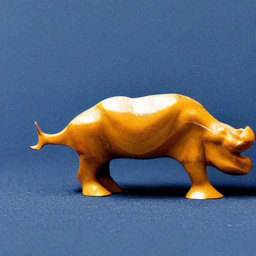 Prompt: small hippopotamus wood and blue epoxy sculpture, small, 3 5 mm macro photography, studio