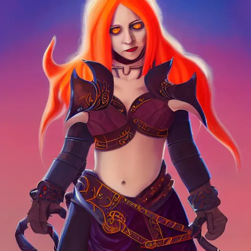Prompt: illustrated portrait of youthful female feminine horned tiefling female bard with long blue bob cut hairstyle, her skin is orange and tanned, and her eyes are pure black orbs, and she is wearing colorful leather armor by rossdraws,