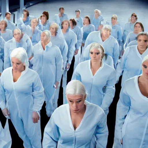 Image similar to troop of females of varying heights and body shapes in formation, white hair, tight light blue neopren suits, in rows, futuristic chemistry lab, sci - fi, highly detailed, cinematic