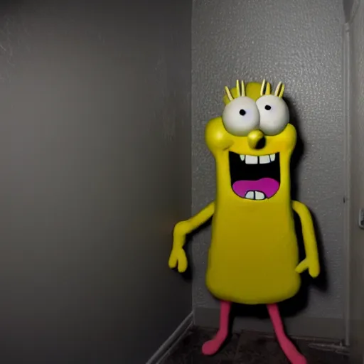 Prompt: grainy photo of a spongebob squarepants as a creepy monster in a closet, harsh flash