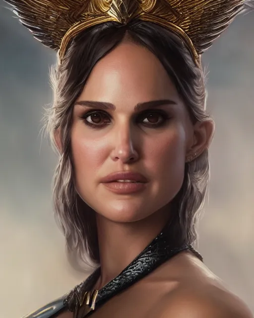 Image similar to 5 5 mm portrait photo of natalie portman as valkyrie. magical atmosphere. art by artgerm and greg rutkowski. highly detailed 8 k. intricate. lifelike. soft light. nikon d 8 5 0.