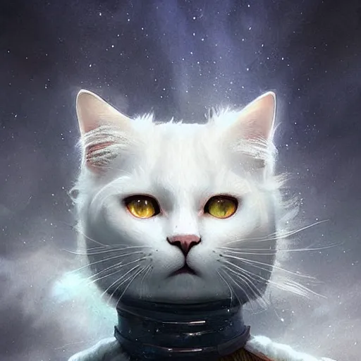 Image similar to portrait of a beautiful white cat celestial background,, fantasy, highly detailed, cinematic lighting, digital art painting by artgem and greg rutkowsk, trending on artstation, very very beautiful, very attractive, high fantasy