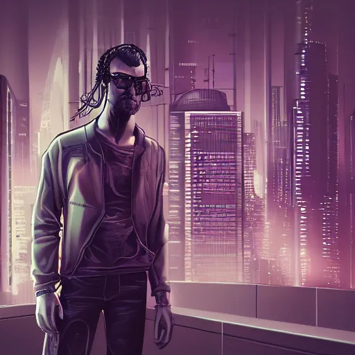 Image similar to a software programmer in cyberpunk style, digital art, dark ambient