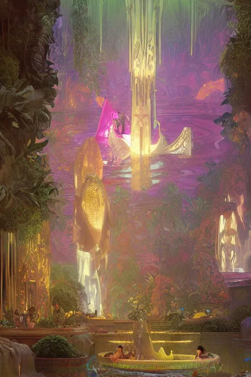 Prompt: Concept Digital Art Highly detailed Alien Art Deco Cybertron lazy river inside of the Palace of the Primes with glowing pink water at night by greg rutkowski, Ilya repin, alphonse mucha, and Edmund Blair Leighton. Very highly detailed 8K, octane, Digital painting, the golden ratio, rational painting