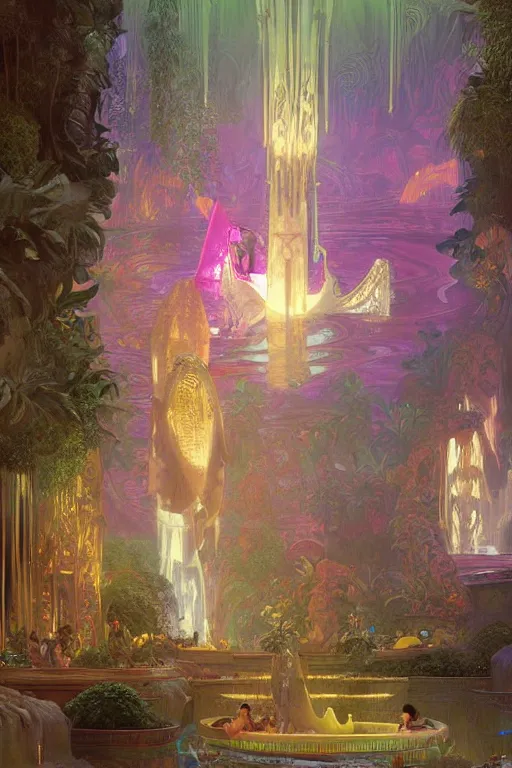 Image similar to Concept Digital Art Highly detailed Alien Art Deco Cybertron lazy river inside of the Palace of the Primes with glowing pink water at night by greg rutkowski, Ilya repin, alphonse mucha, and Edmund Blair Leighton. Very highly detailed 8K, octane, Digital painting, the golden ratio, rational painting