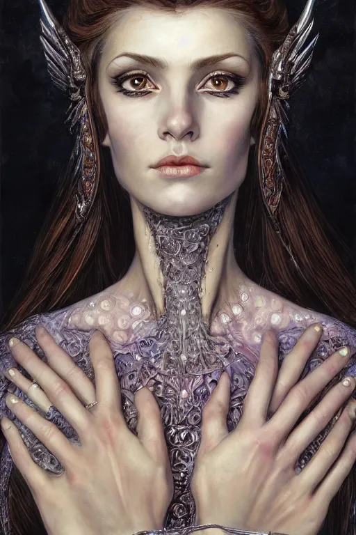 Image similar to high quality extremely detailed closeup portrait of a young gorgeous female necromancer looking away from the camera, detailed eyes, sparkle in eyes, no hands visible, fantasy, d & d, intricate, painting by lucian freud and mark brooks, hd