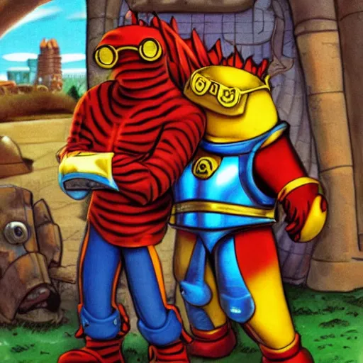 Prompt: Portrait of Toejam and Earl wearing knight armor, marvel comics, Sega