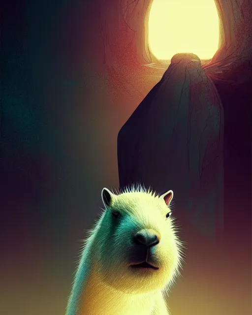 Prompt: a white capybara under, beautiful, agile, myth, legend, trending on artstation, light effects, kilian eng, john harris, bastien lecouffe - deharme