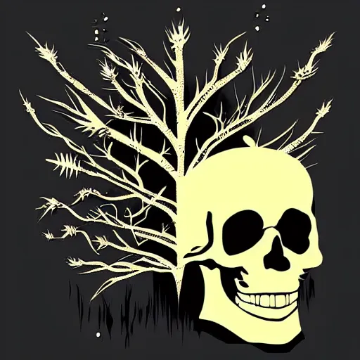 Image similar to dark death metal themed vector illustration for a record label, trees. forest, spikes, skull, microphone, skull, award winning, grunge, iconic, golden ratio