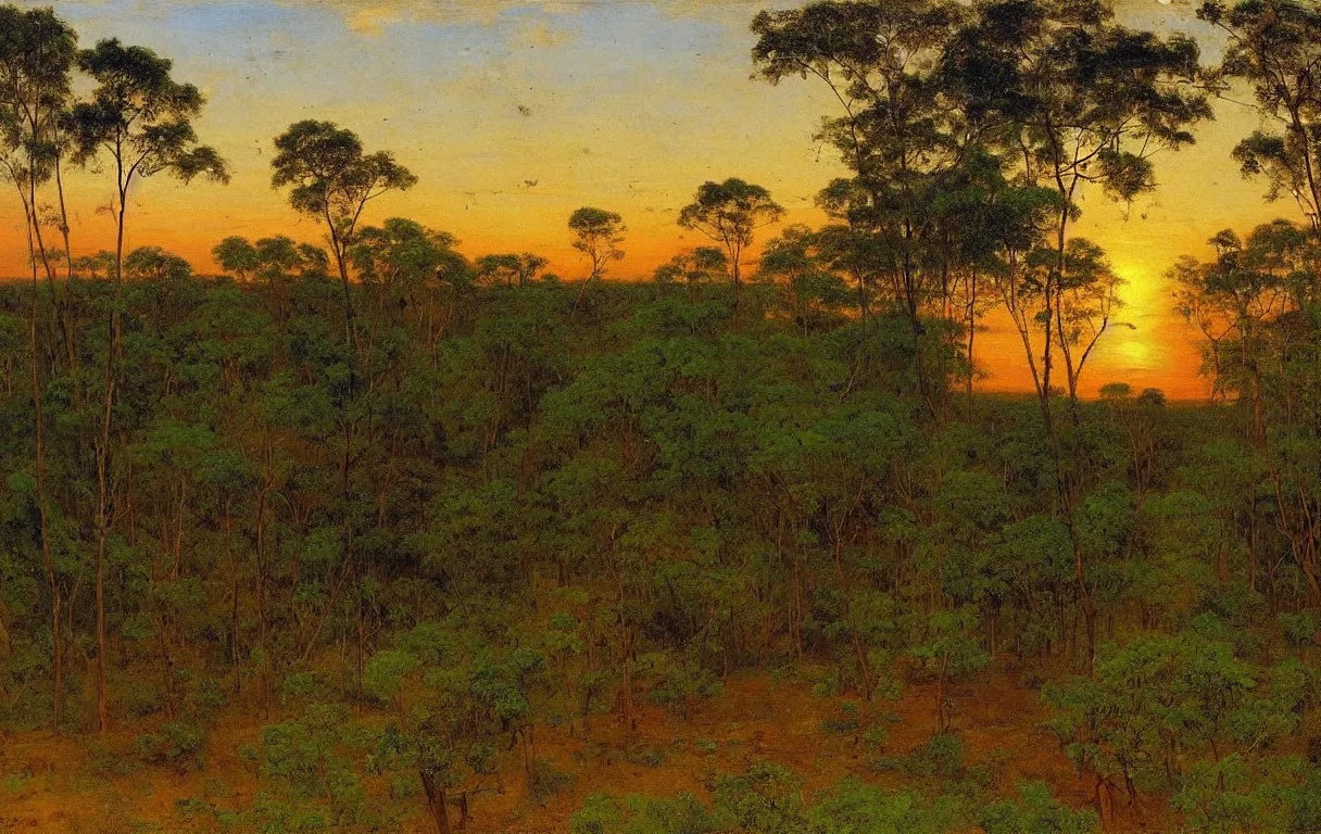 Prompt: birds eye view landscape of the forests of Dahomey in Benin, small village in centre, sun setting on horizon, 1885, colorful highly detailed oil on canvas, by Ilya Repin