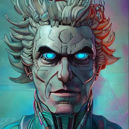 Image similar to 1 9 7 0 transformers rick sanchez portrait by and james jean and erik jones, inspired by ghost in the shell, beautiful fine face features, intricate high details, sharp, ultradetailed, 3 d octane render