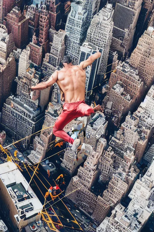 Image similar to !dream a man jumping from a building exploding in New York, explosion aerial view