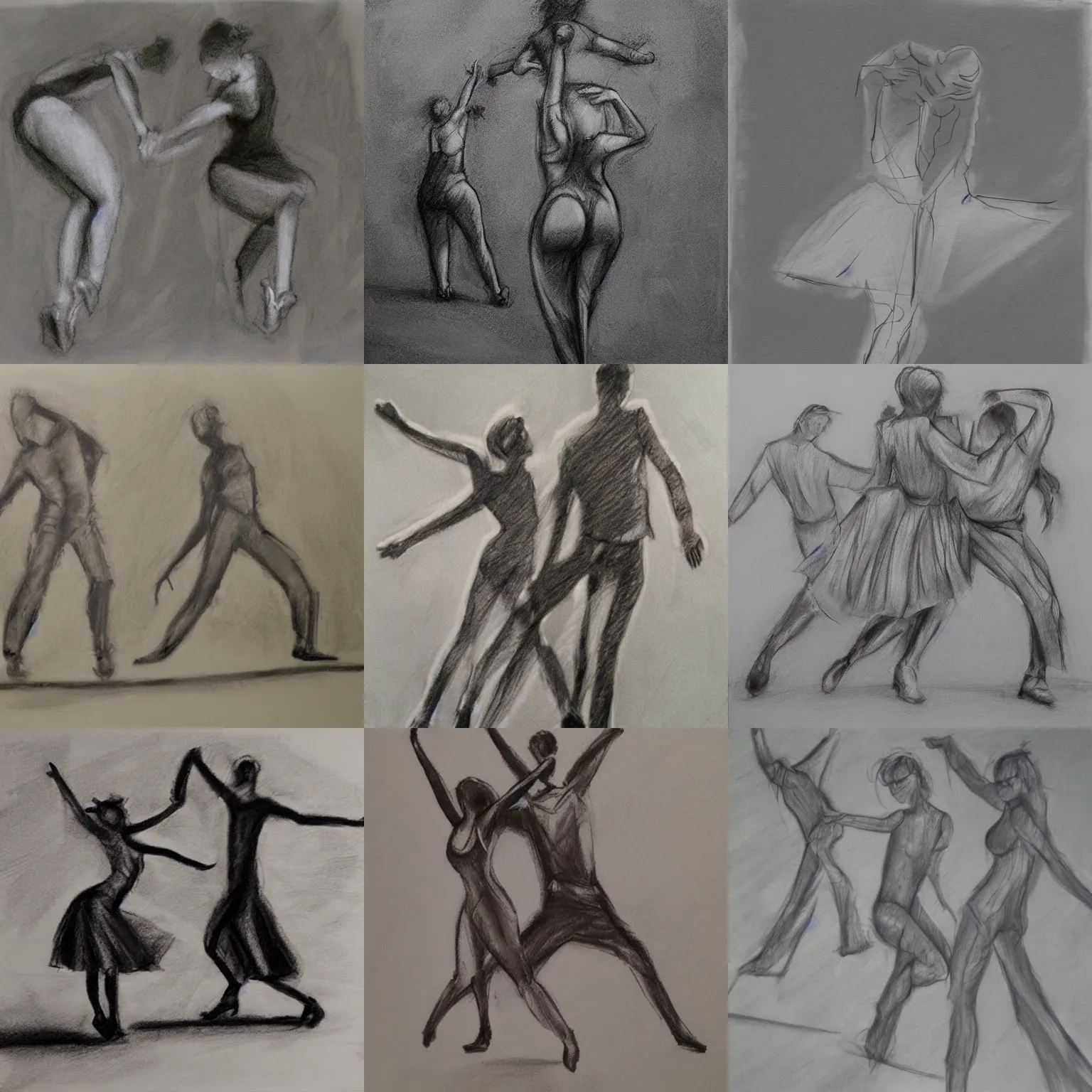 Prompt: nothing matters when we're dancing, sketch, charcoal, thick paper,