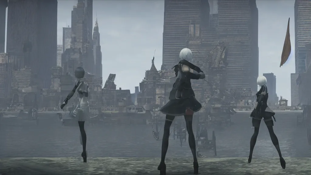 Image similar to Screenshot from Nier Automata, near the Statue of Liberty