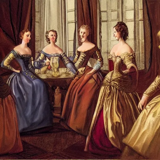 Prompt: fine art, oil on canvas. six women in a vast castle lobby wearing fine clothes, two of them are drinking tea. dark room with light coming through the right side. baroque style 1 6 5 6. high quality realistic recreation of illumination shadows and colors, no distortion on subject faces.