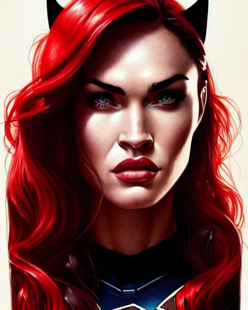 Image similar to portrait of megan fox as batwoman, dc, man of steel, intricate, headshot, highly detailed, digital painting, artstation, concept art, sharp focus, cinematic lighting, illustration, art by artgerm and greg rutkowski, alphonse mucha, cgsociety