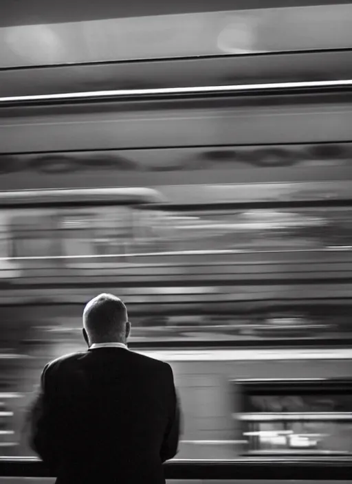 Prompt: a 2 8 mm macro photo from the back of a businessman standing on a train platform, splash art, movie still, bokeh, canon 5 0 mm, cinematic lighting, dramatic, film, photography, golden hour, depth of field, award - winning, anamorphic lens flare, 8 k, hyper detailed, 3 5 mm film grain