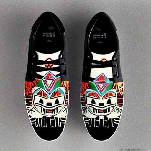 Image similar to sneaker design designed by studio ghibli, aztec mayan street fashion native punk sneaker design, majora's mask, wearing wooden mask, hip hop sneaker design with subtle mayan patterns, gapmoe yandere grimdark, trending on pixiv fanbox, painted by greg rutkowski makoto shinkai takashi takeuchi studio ghibli, akihiko yoshida