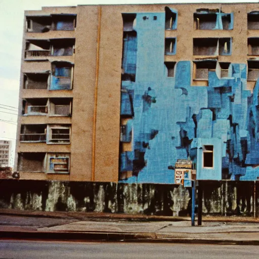 Image similar to brutalist buildings, rundown buildings, orwellian dystopia, totalitarian murals on building walls, hooligans with shaggy hair and blue suits, 1 9 7 1 cinematic, 8 mm photo lens, kodak