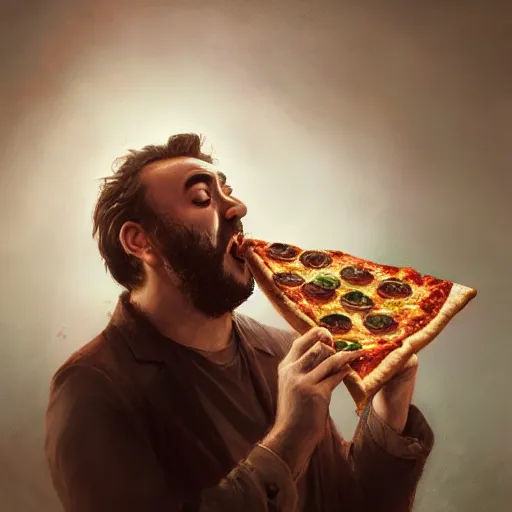 Image similar to pavarotti eating pizza, huggy wuggy from poppy playtime video game, fullbody, ultra high detailed, oil painting, greg rutkowski, charlie bowater, yuumei, yanjun cheng, unreal 5, daz, hyperrealistic, octane render, rpg portrait, dynamic lighting, fantasy art, beautiful face