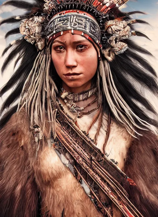 Image similar to hyper detailed image of an Redskin warrior princess wearing a headdress, intricate, elegant, long black hair, hd, 8k, muted colors,