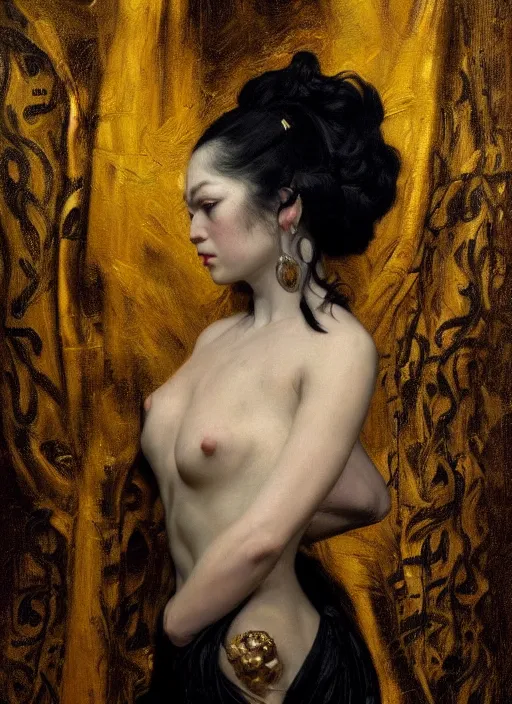 Image similar to highly detailed oil painting | very intricate | cinematic lighting | black, white and gold color scheme, dark background | asian demon | by roberto ferri, by gustav moreau, by singer sargent and klimt, american romanticism, occult art | by austin osman spare, artstation, cgsociety, official art, octane