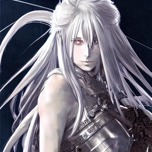 Prompt: full body character design character design of an anime girl with long white hair wearing Elden Ring armor with engraving in the style of Yoji Shinkawa, expressive brush strokes, hairs fluttering on the wing, noisy film grain effect, highly detailed, Renaissance oil painting, weird portrait angle, blurred lost edges, three quarter view