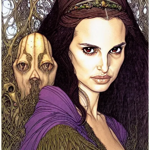 Prompt: a realistic and very beautiful and atmospheric portrait of a young natalie portman as a druidic wizard looking at the camera with an intelligent but seductive gaze by rebecca guay, michael kaluta, charles vess and jean moebius giraud