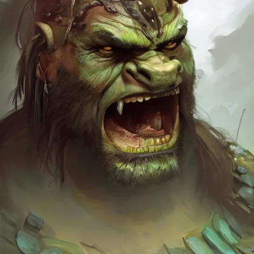 Image similar to a beautiful digital painting of an Orc Barbarian by artists Adrian Smith, Greg Rutkowski, Svetlin Velinov, David Benzal, Ilya Repin, Frans Hals, green color scheme, artstation, cgsociety