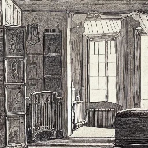 Prompt: very detailed interior of a building, bedroom of an artist in the style of Mary Byfield (1795–1871), English book illustrator and wood engraver
