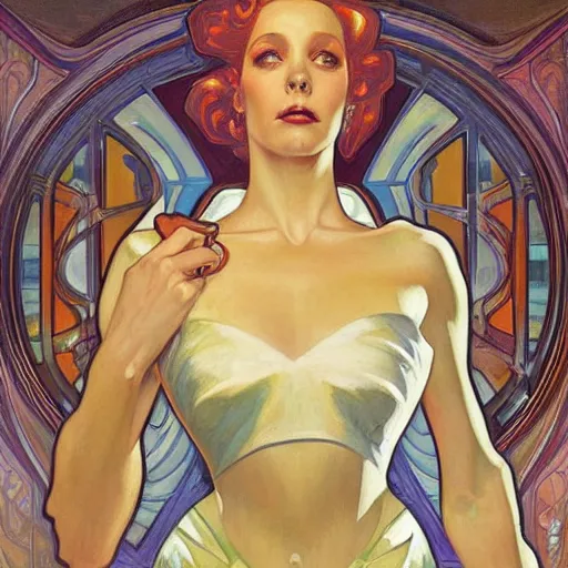 Image similar to a streamline moderne painting in the style of donato giancola, and in the style of charlie bowater, and in the style of alphonse mucha. symmetry, smooth, sharp focus, semi - realism, intricate detail.